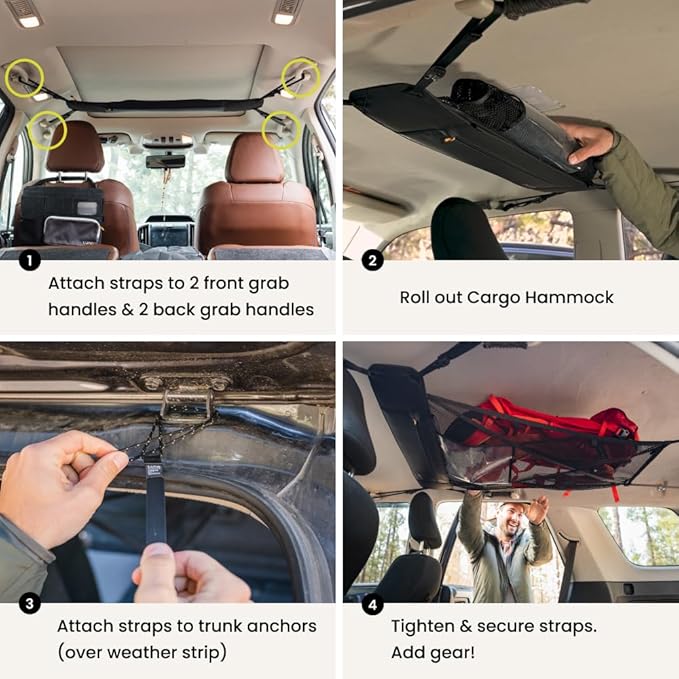 LUNO Ceiling Cargo Net - Car Roof Storage w/Multiple Pockets, Hangout Loops & Tab Pocket for Long Road Trip & Camping - 36" x 52" Car Camping Essentials Organizer for SUV - XL