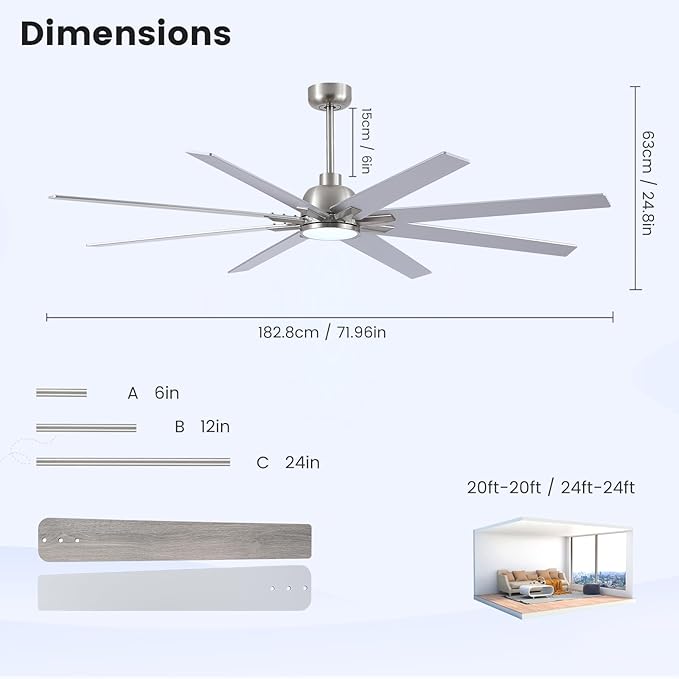 72 inch Large Ceiling Fans with Lights and Remote, Indoor/Outdoor Brushed Nickel Ceiling Fan for Living Room Patio, 6 Speeds Slient Reversible DC Motor, 3CCT, Timer, 3 Downrods, 8 Blades