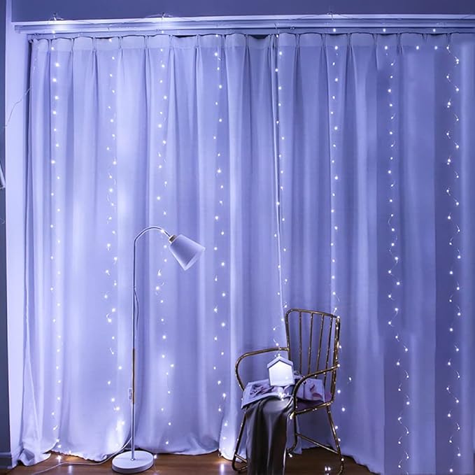 White Curtain Lights for Bedroom,7.9Ftx5.9Ft 144 LED Waterproof USB Powered Twinkle String Lights Wall Copper Fairy Lights with Control & 8 Modes for Room Window Halloween Decorations