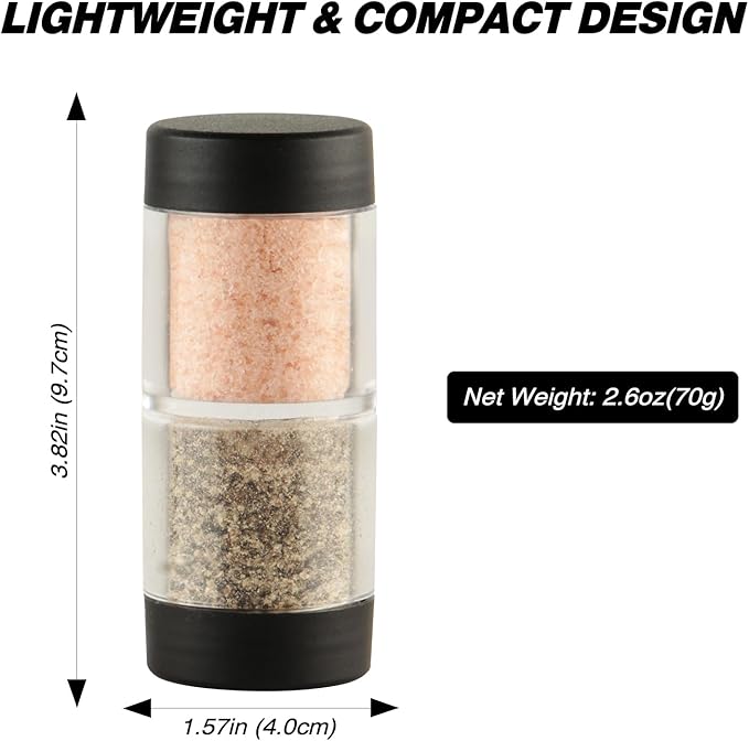 Sunmei Salt and Pepper Shakers Moisture Proof Set, 2-in-1 Portable Spice Shaker with Airtight Lid, Perfect for Camping Kitchen, Travel, Car Camping, RV, Outdoors, Backpack, BBQ Picnic, Lunch Boxes (2)