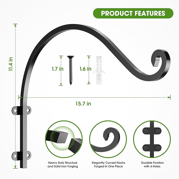 2Pack Heavy Duty Plant Hanger Hook for Outdoor and Indoor, 16Inch Wall Hanging Basket Bracket, Black Metal Outdoor Hanging Bracket for Hanging Flower Pot Bird Feeder Lanterns