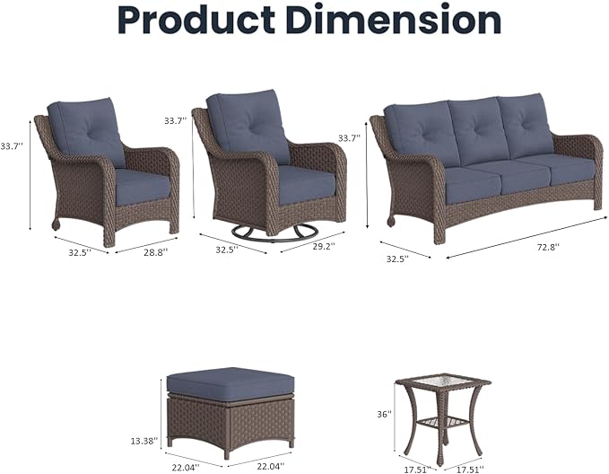 9 Pieces Outdoor Patio Furniture Sets with Rocking Swivel Chairs with 6-inch Thick Cushion and Side Table for Deck Lawn