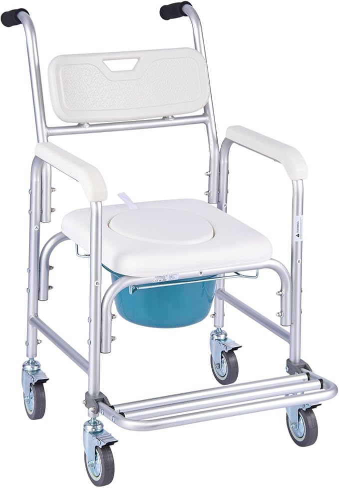 VEVOR Bedside Commode Chair with Wheels, 350 lbs Capacity, 4-in-1 Portable Toilet and Raised Toilet Seat with Padded Seat/Backrest/Flip-up Footrest, Detachable 5L Bucket, Shower Wheelchair for Seniors