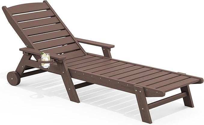 SERWALL Patio Chaise Lounge Chair, 78'' Long HDPE Outdoor Lounge Chair 5 Positions Adjustable Outdoor Lounger, Poly Lounge Chair with Rolling Wheels & Cup Holder for Pool, Coffee Brown