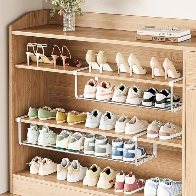 Expandable Shoe Rack Organizer - Adjustable Shoe Rack & Under Cabinet Shelf - for Shoe or Clothing Storage and Organization, Under Shelf Storage (Stainless,2Pcs)