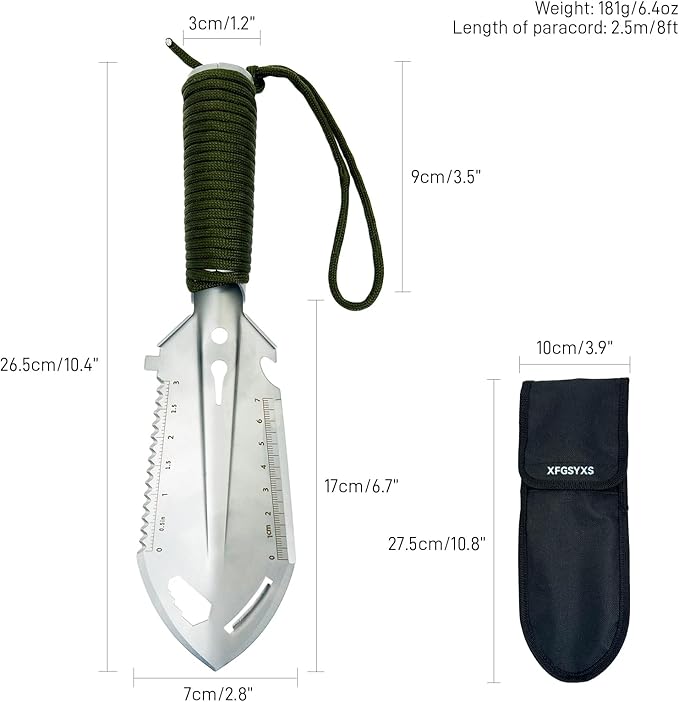 Small Camping Shovel, 9 in 1 Mini Hand Shovel, Portable Backpacking Trowel, Ultralight Compact Multitool for Camping, Gardening, Outdoor Survival, Silver