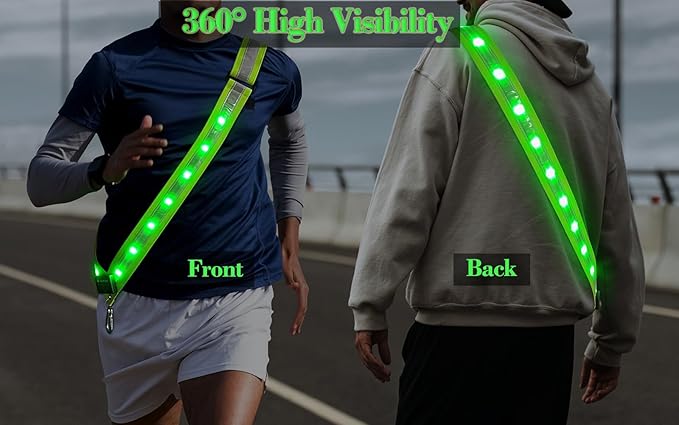 LED Reflective Running Gear Sash 4 Lights Colors in One Adjustable Safety Running Vest Belt for Night Walking High Visibility Running Gear for Men Rechargeable LED Running Belt Reflective Gear