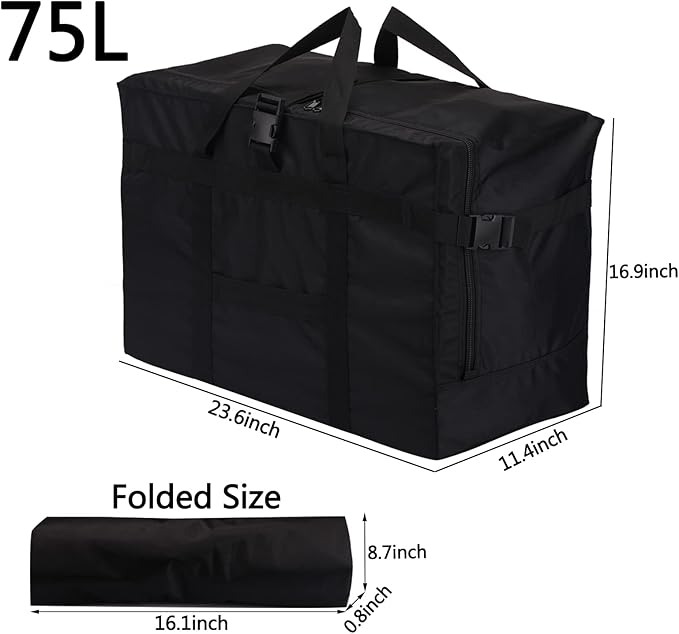 Travel Duffel Bag,75L For Spirit Airlines Foldable Travel Duffle Bag Tote,RicoRich Carry on Luggage Sport Duffle for Weekender/Vacation/Camping/Beach/Tent(Black)