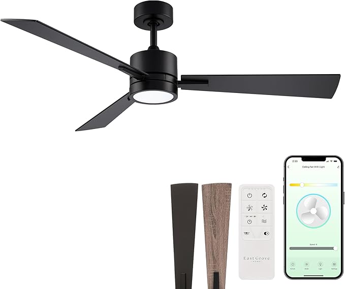 Bali Smart 3-Blade 52in Ceiling Fan 2700K-6000K CCT Selectable LED Light Kit with Remote Control and Black Hardware with Reversible Blades in Weathered Wood or Black Works With iOS or Android App