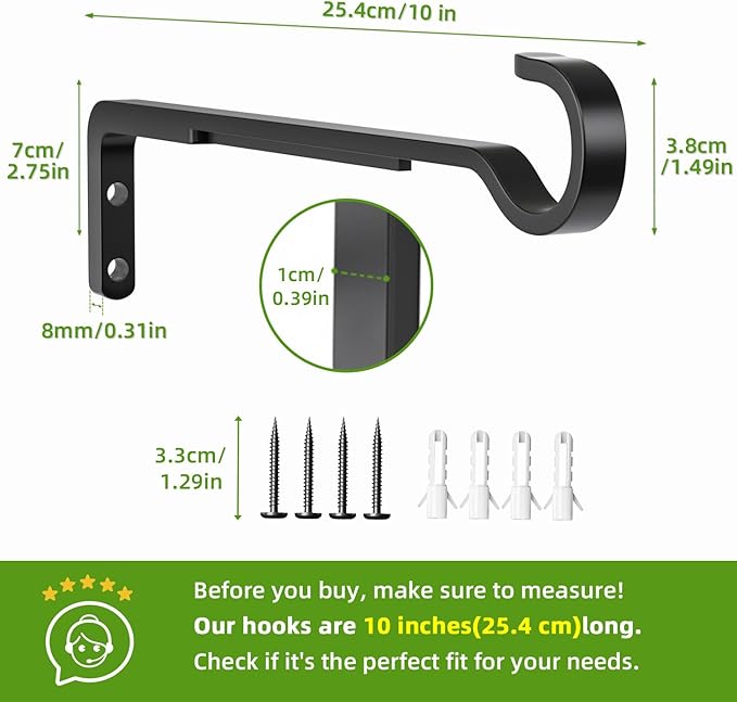 10 Inch 2 Pack Black Heavy Duty Outdoor Plant Hangers for Hanging Baskets, Iron Hanging Plant Brackets for Hanging Plants Outside, Metal Plant Hooks Plant Wall Hooks for Hanging Lantern, Bird Feeder