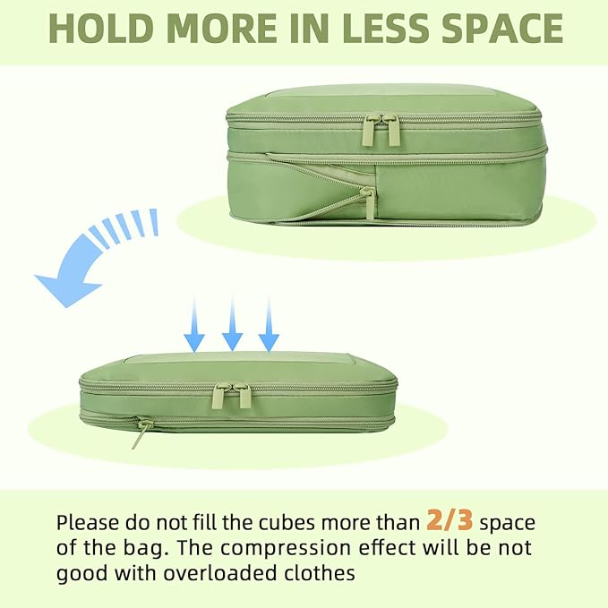 BAGAIL 4 Set/6 Set/8 Set Compression Packing Cubes Travel Accessories Expandable Packing Organizers (Square Mesh, 06-Matcha Green)