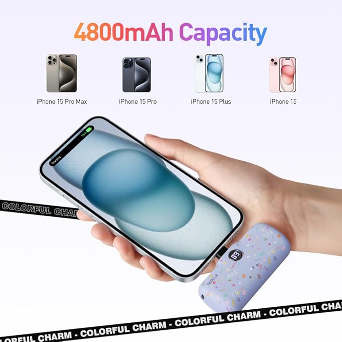 iWALK USB-C Portable Charger with Colorful Pattern, 20W PD Fast Charging 4800mAh Small Power Bank with LED Display, Compatible with iPhone 16/15, 16/15 Plus, 16/15 Pro Max, iPad, Airpods, Purple