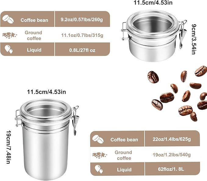 Airtight Coffee Canister, Coffee Storage Containers, Stainless Steel Kitchen Food Storage Jar for Grounds Coffee, Beans, Tea, Sugar, Flour, Cereal (Silver-1.8L*1+1.2L*2)