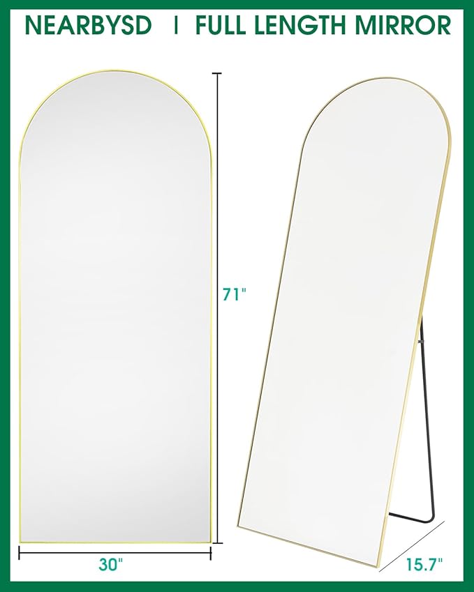 Arched Floor Length Mirror, 71"x30", Oversized Standing or Wall Mounted, Large Full Body Mirror with Aluminum Gold Frame