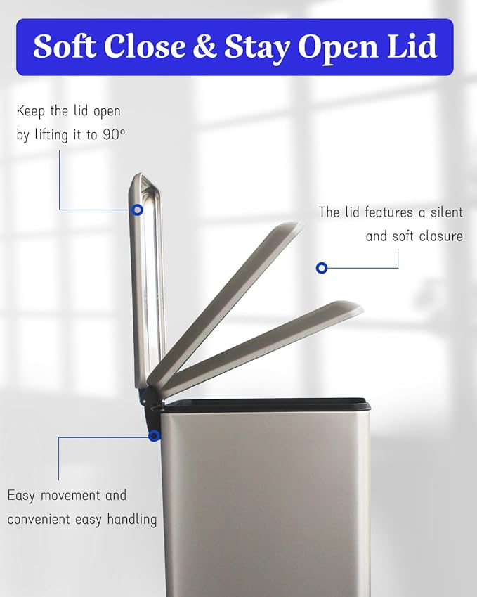 8 Gallon Slim Trash Can with Soft Close Lid, Stainless Steel Trash Can with Removal Inner Bucket, Hand -Free Trash Bin for Kitchen, Office, Laundry, Bathroom, 30 Liter Capacity, Grey