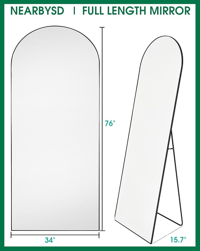 Oversized Full Body Mirror with Stand, Arched Full Length Mirror, 76" x 34", Hanging or Leaning, Wall Mounted with Aluminum (Black)