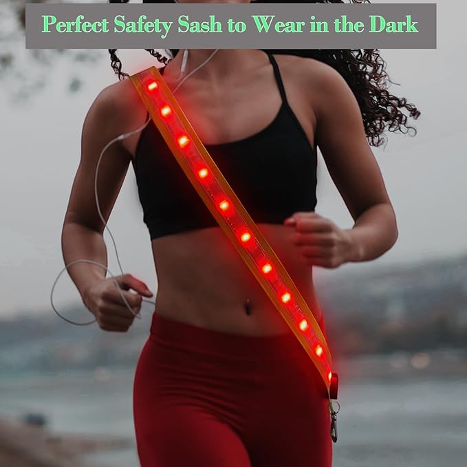 LED Reflective Running Gear Sash 4 Lights Colors in One Adjustable Safety Running Vest Belt for Night Walking High Visibility Running Gear for Men Rechargeable LED Running Belt Reflective Gear