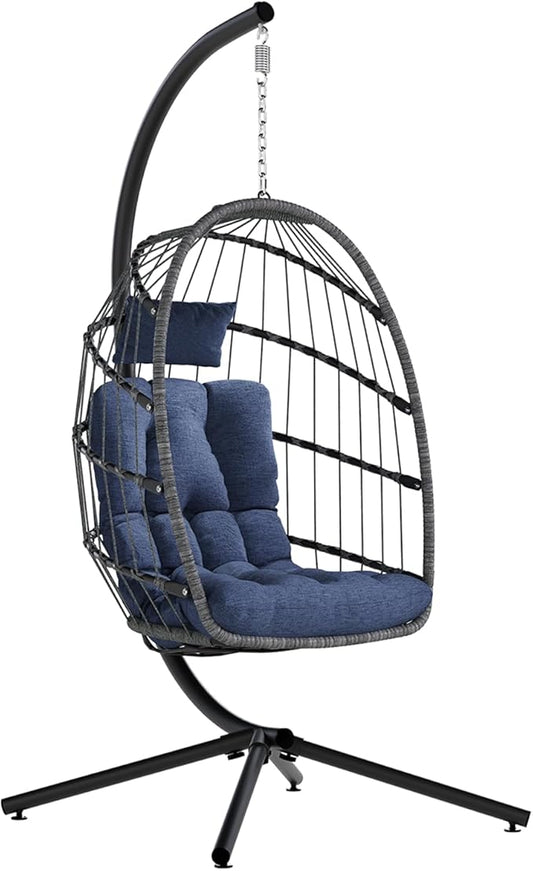 SWITTE Egg Chair Outdoor with Stand, Indoor Wicker Hanging Egg Swing Chair with Cushion, 350lbs Capacity for Patio, Bedroom, Garden - Dark Blue
