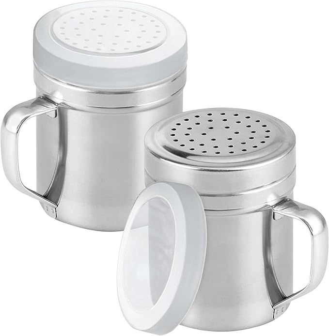 2Pcs Metal Salt Pepper Dredge Shakers, Stainless Steel Pepper Shaker Seasoning Jar With Handle, With Hole And Cover, Suitable For Pepper, Cinnamon And Coffee Spice Jars (Medium-10OZ)