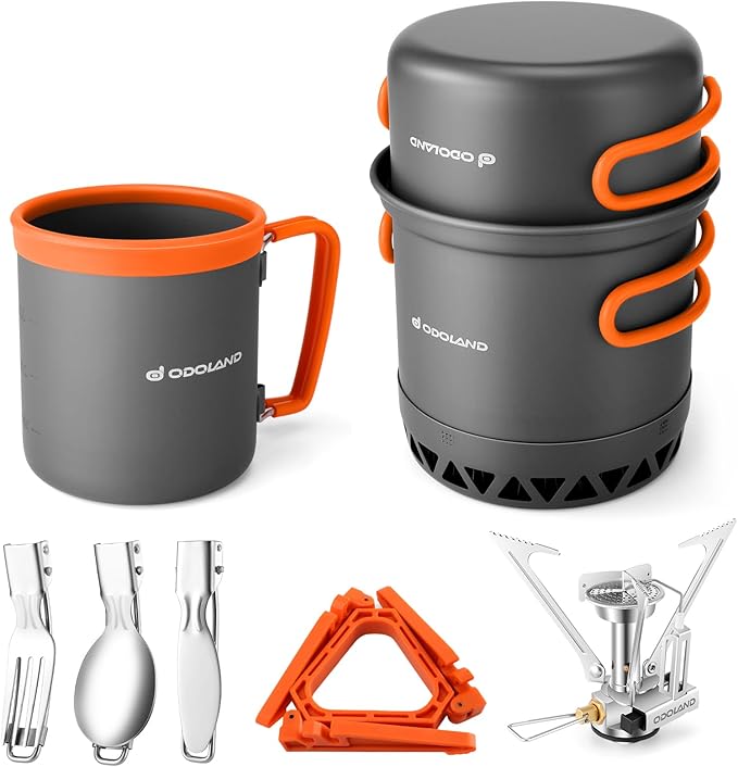 Odoland Camping Pots with Heat Exchanger Camping Cooking Set with Portable Camping Stove Camping Mess Kit Include Mug, Folding Utensil Set, Canister Stabilizer for Backpacking Outdoor Hiking & Picnic