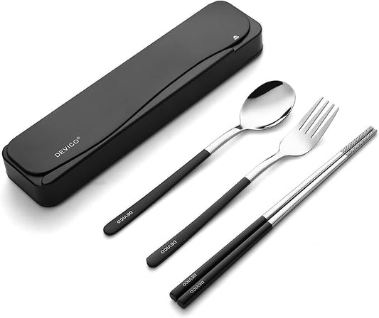 DEVICO Travel Utensils, 18/8 Stainless Steel 4pcs Cutlery Set Portable Camp Reusable Flatware Silverware, Include Fork Spoon Chopsticks with Case (Black)