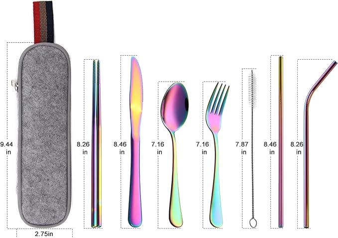 DEVICO Portable Utensils, Travel Camping Cutlery Set, 8-Piece including Knife Fork Spoon Chopsticks Cleaning Brush Straws Portable Case, Stainless Steel Flatware set (Rainbow)