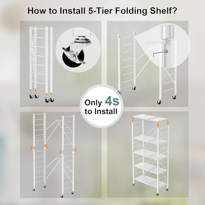 Himix 5 Tier Foldable Storage Shelves, Expandable Folding Pantry Shelf with Wheels, Changeable into 2 Shelf Units, Collapsible Storage Rack Metal Shelves for Kitchen, Room, Garage, White
