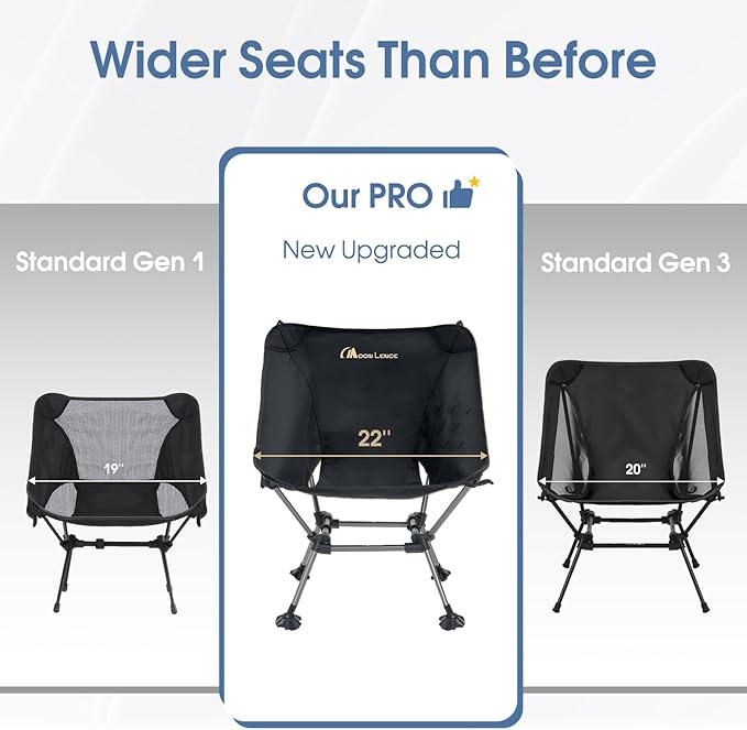 MOON LENCE Portable Camping Chair Plus Size, Folding Backpacking Beach Chair with Groundgrip Feet, Upgraded Comfort & Size, Still Compact and Lightweight for Hiking, 330Lbs Capacity (Black)