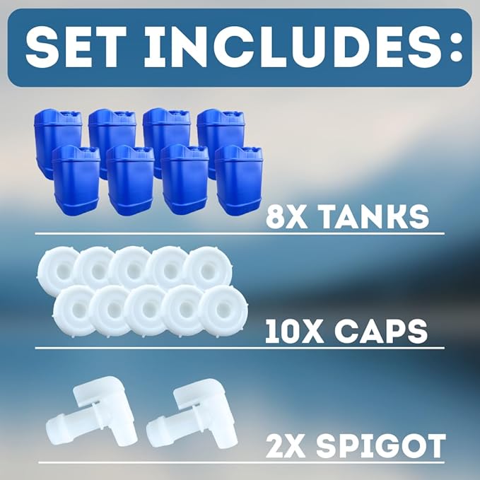 5-Gallon Stackable Water Storage Containers, 5 Gallons Each w/Lids + Spigot, Easy Fill, Survial Supply Emergency Water Storage for Camping and Disaster Preparedness, RV, 40 Gallon (8 Tanks)