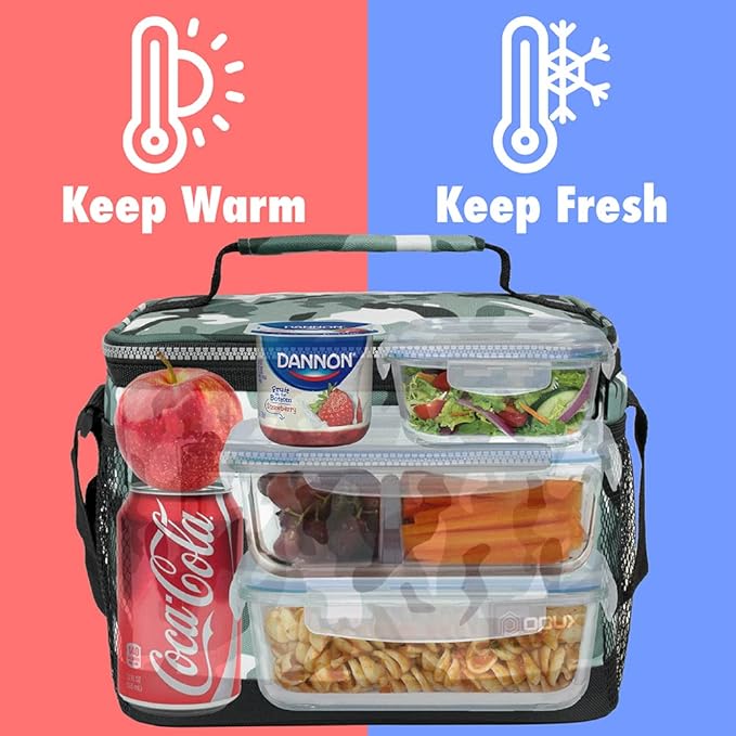 opux Insulated Lunch Box Men Women, Lunch Bag for Work School, Leakproof Soft Cooler Tote Adult, Large Lunch Pail Kids Boys Girls, Picnic Beach Food Bag with Shoulder Strap, Camo Green