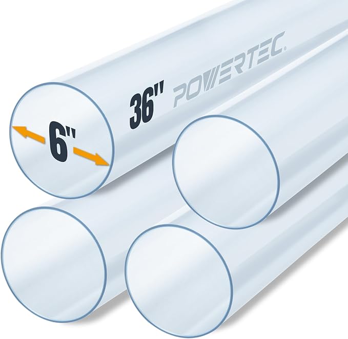 POWERTEC Clear PVC Pipe 6" x 36" Long, 4PK Rigid Plastic Tubing, Round Tube Compatible w/Dust Collection Fittings - Hose for Woodworking Tool, Dust Collection System or Cat Tree (70274-P4)
