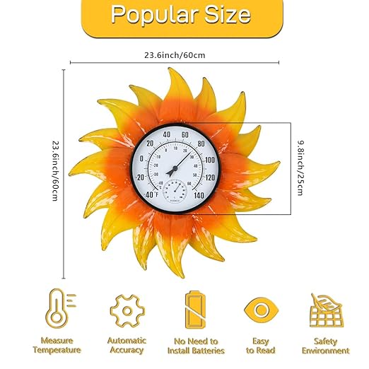 Large Sunflower Outdoor Thermometer No Need Battery, Outdoor Wall Thermometer with Humidity, Outside Thermometer Decorative for Patio, Backyard, Garden, Living Room
