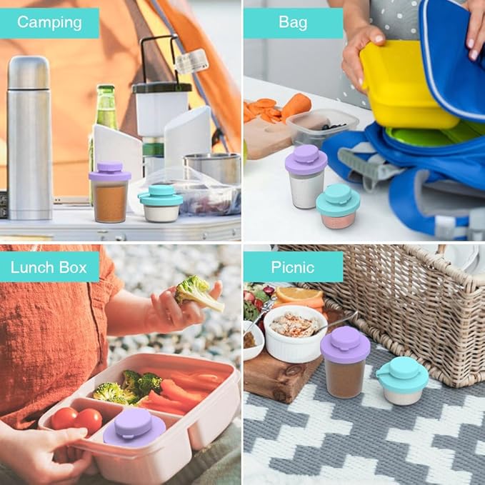 Sophico Small Salt and Pepper Shakers Set with Moisture Proof Sinlicone Lids, 4.5oz Mini Spice Shaker to go for Camping Travel Picnic Lunch Boxes (purple & blue, Small & Medium)