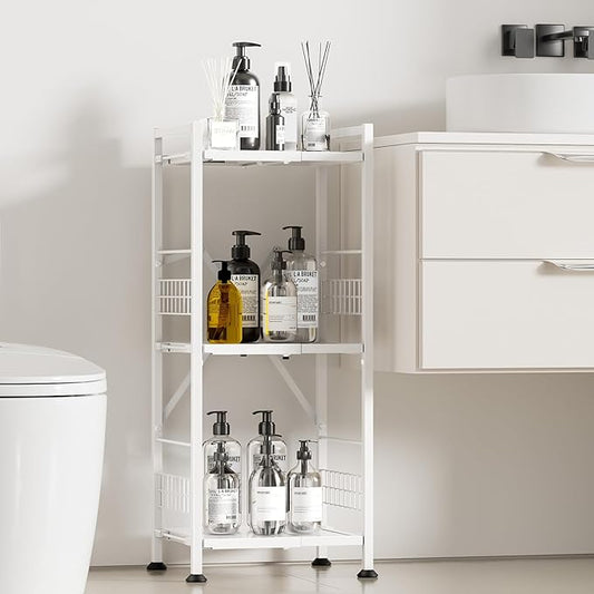 Himix 3-Tier Narrow Shelf, Expandable Metal Narrow Shelving Unit, Free-Standing Storage Rack Corner Shelf for Bathroom, Kitchen, Bedroom, Office, Laundry Organization (White)