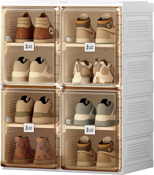 ANTBOX Shoe Organizer Storage Box, Portable Folding Shoe Rack For Closet With Magnetic Clear Door,Large Sneaker Cabinet Bins All-in-one Sturdy Easy Assembly 4 Layers-8 Grids
