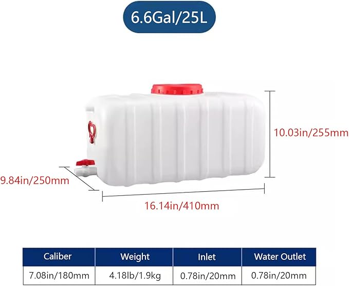 Plastic Water Storage Carrier with Tap 25L/35L/50L/80L/110L/200L Water Tank Dispenser Emergency Water Container for Camping Caravan Hiking Outdoor(Size:6.6Gal/25L)