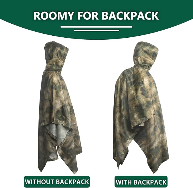 GRVCN Military Rain Poncho, Camouflage Raincoat Outdoor Waterproof Lightweight