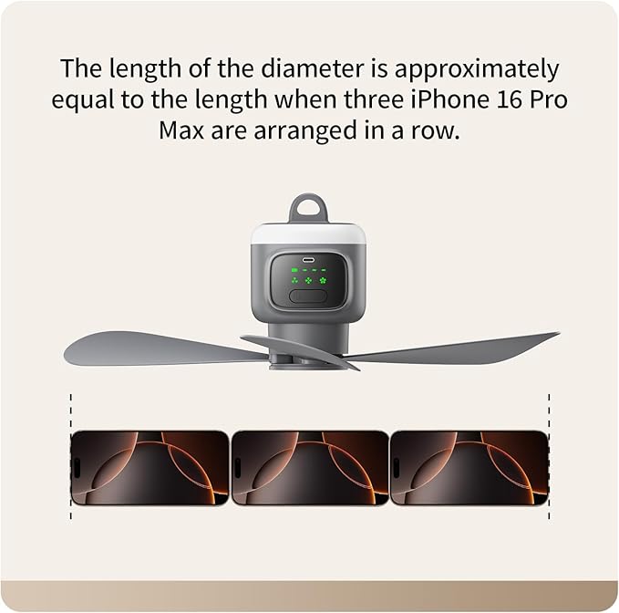 VVU&CCO 18' Portable Ceiling Fan with Light for Patio Canopy Tent Porch RV, 4 Speed Adjustment with Lighting, 8 Hours Timer & Use Time Up to 30H, 12000mAh Battery -operated Ceiling Fan with Remote