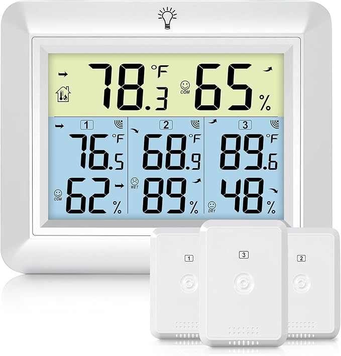 Urageuxy Indoor Outdoor Thermometer Wireless Weather Station with Temperature and Humidity Monitor Digital Hygrometer with 3 Remote Sensors, Min/Max Record,℃/℉ Switcher, Backlight, White