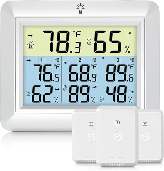 Urageuxy Indoor Outdoor Thermometer Wireless Weather Station with Temperature and Humidity Monitor Digital Hygrometer with 3 Remote Sensors, Min/Max Record,℃/℉ Switcher, Backlight, White
