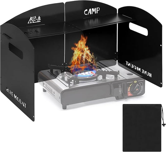 Black Camping Stove Windscreen 4 Plates Steel Camp Stove Windscreen Folding Outdoor Picnic Cooker Stove Wind Screen Windshield with Drawstring Bag for Camping, Hiking, Picnic, Backpacking, Cooking
