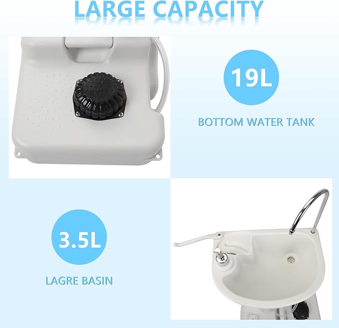 Outvita Portable Camping Sink w/ 19L Water Tank Rolling Wheels Towel Holder Soap Dispenser Faucet, Outdoor Foot Pump Washing Station for RV Boat Travel Picnic Worksit