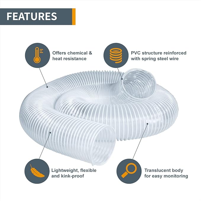 POWERTEC 70492 2-1/2" x 10' PVC Dust Collection Hose w/ 2pcs Stainless Steel Key Hose Clamps, 4" to 2-1/2" Reducer and 4" Dust Control Flex Cuff, for Table Saw, Band Saw, Router Table, Woodworking