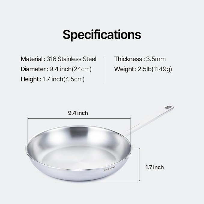 9.4-Inch 316 Stainless Steel Frying Pan, 5-Ply Stainless Steel Skillet, Induction Compatible, Dishwasher & Oven Safe