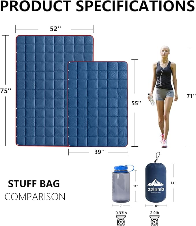 zzlamb Camping Blanket, Compact Lightweight Soft Puffy Blanket Water-Repellent, Packable Warm Quilt Down Alternative Picnic Hiking Backpacking Beach Travel RV Airplane Couch Car