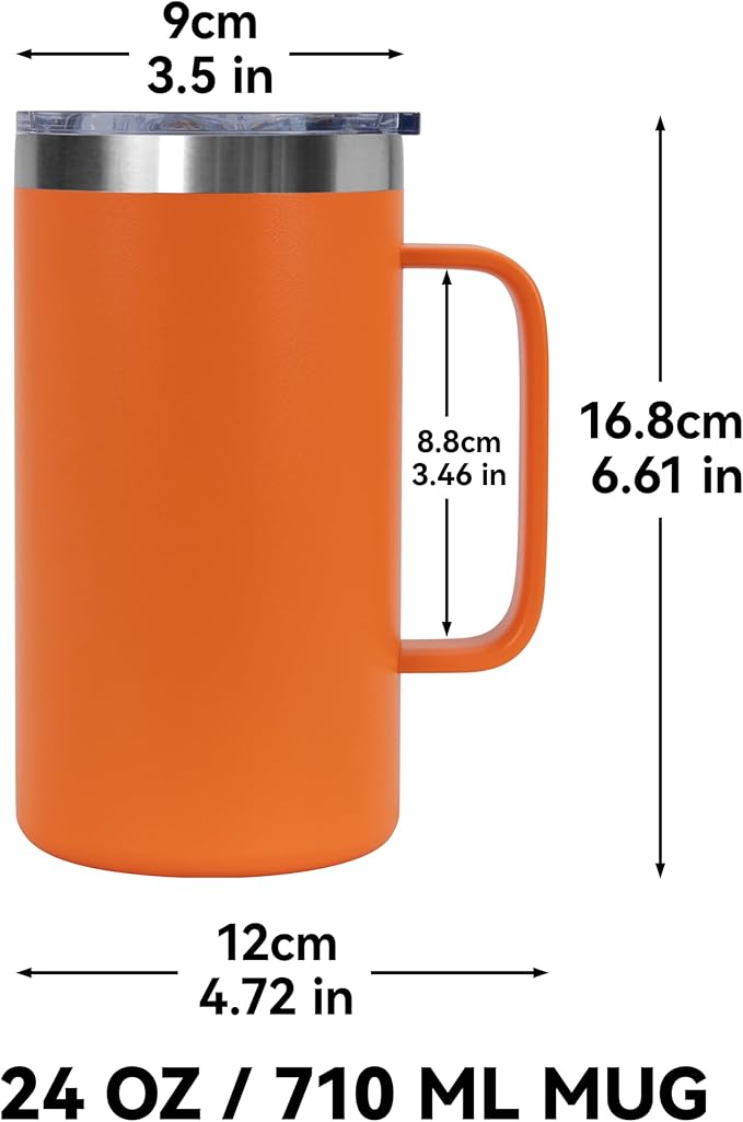 DOMICARE 24oz Mug with Handle and Lid, Stainless Steel Coffee Mug, Reusable Insulated Cup, Travel Mug with Handle, Double Wall Vacuum Coffee Tumbler for Men and Women, Orange, Pack 1