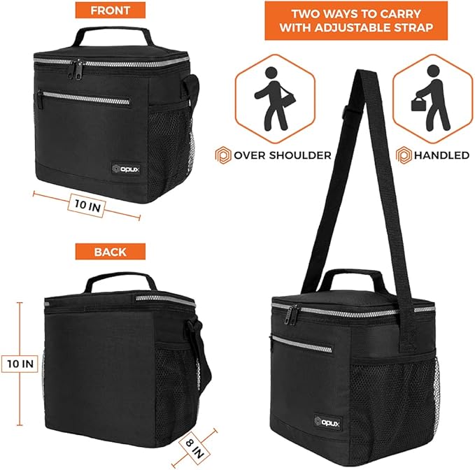 opux Extra Large Insulated Lunch Box Men Women, Lunch Bag for Work, Leakproof Soft Cooler Tote Adult, Lunch Pail, Picnic Beach Collapsible Food Bag with Shoulder Strap, Black