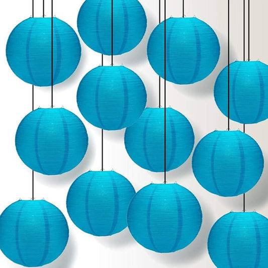 Paperlanternstore.com 12 Pack - 12 Inch Turquoise Blue Fine Line Premium Even Ribbing Paper Lantern, Extra Sturdy