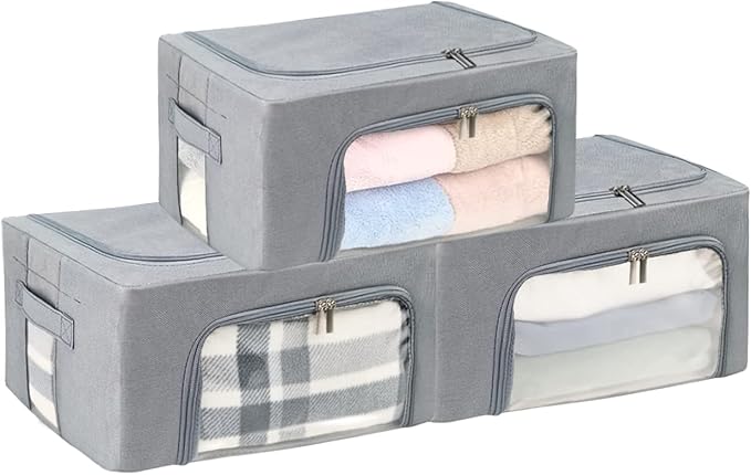 Clothes Storage Box Bins Stackable Foldable Organizer,Sturdy Handles with Metal Frame for Clothing Bedding Shelves,Closet Container with Clear Window Zipper and Label Holder (Gray, 22L x3 Pack)