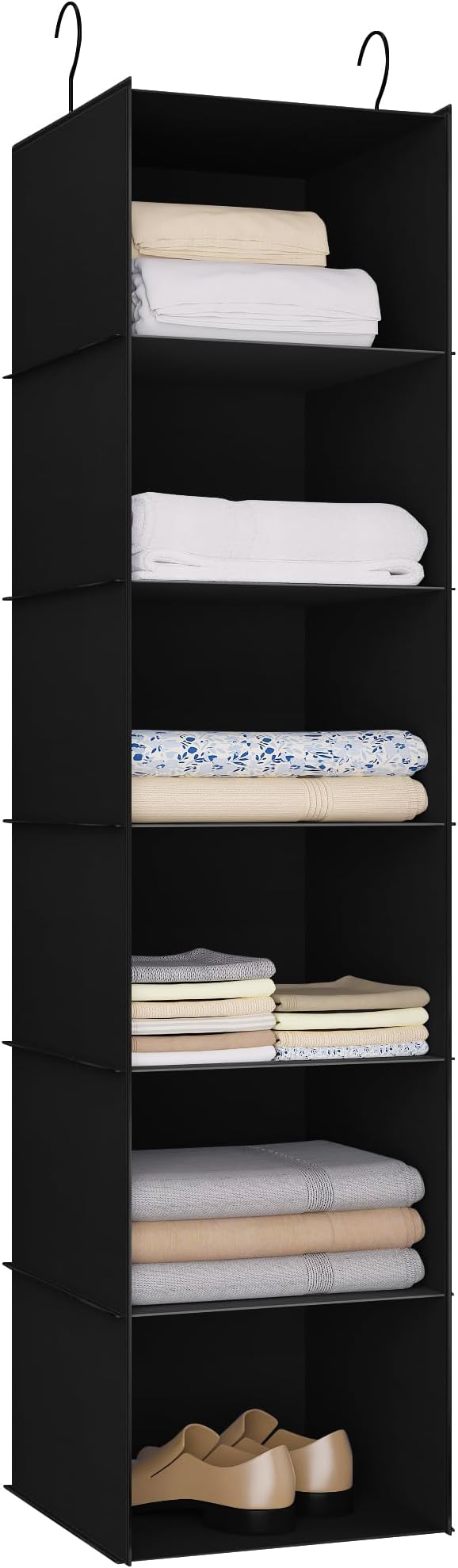 Hanging Closet Organizer and Storage 6-Shelf, Easy Mount Foldable Hanging Closet Wardrobe Shelves, Clothes Handbag Shoes Accessories Storage, Washable Oxford Cloth Fabric, Black